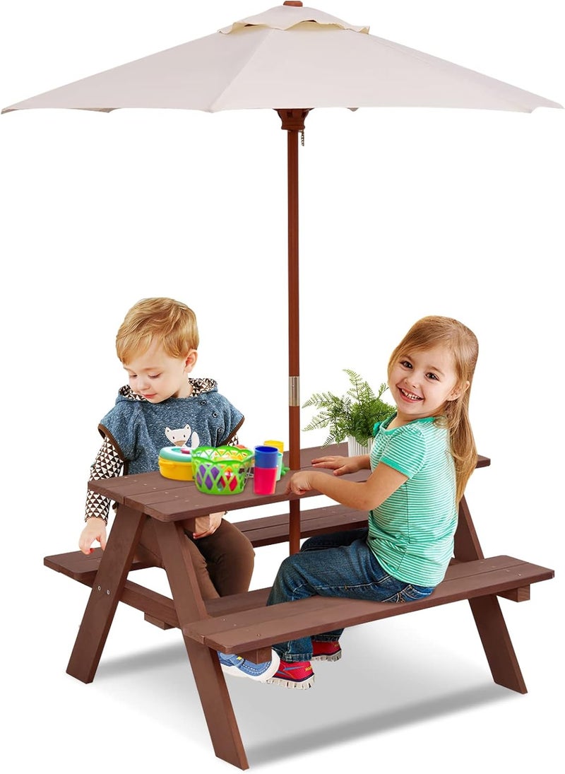 Olakids Kids Picnic Table, Outdoor Toddler Wooden Table and Chair Set with Removable Umbrella, Children Activity Furniture Bench Set for Patio Garden Backyard - Image 1